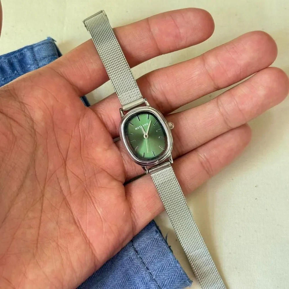 y2k silver round green dial stainless steel quartz luxury watch
